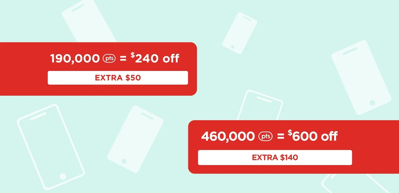 Two red rectangles display bonus points values ($190=$240 and $460=$600) for the bonus redemption event against a light green background.